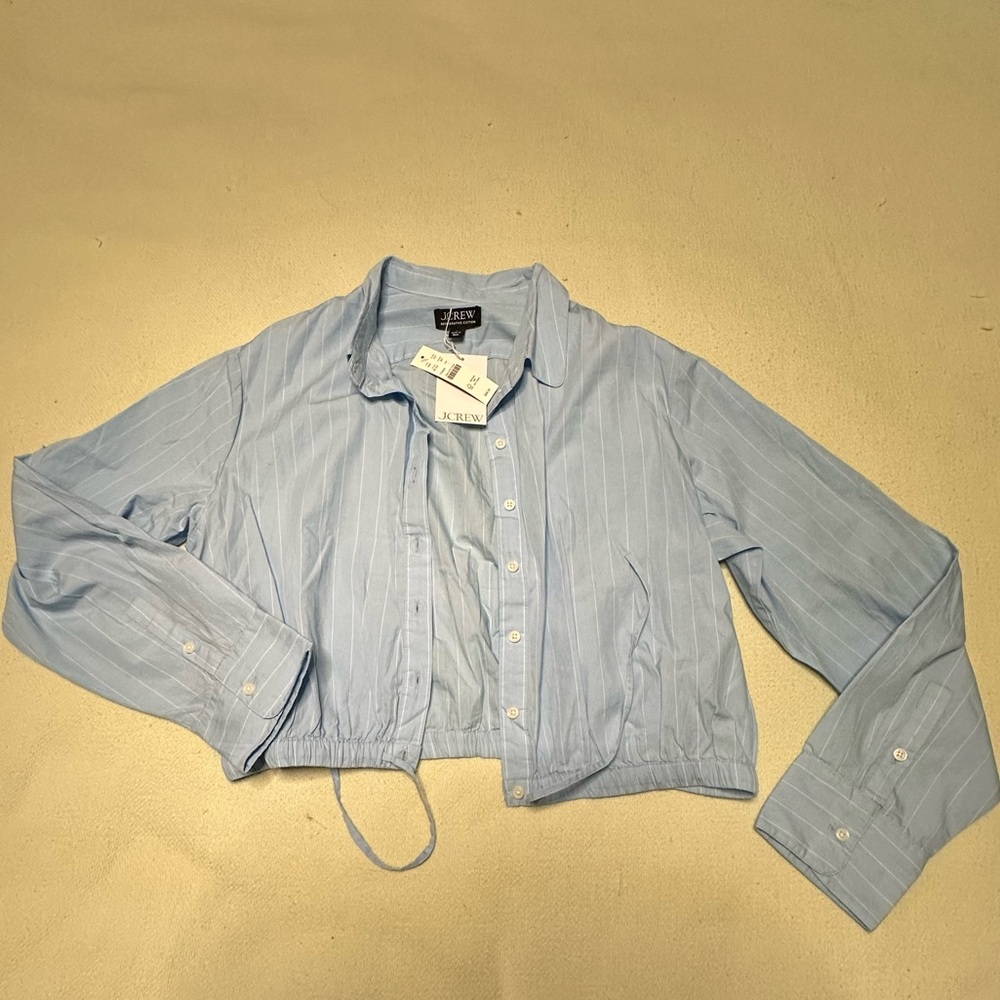 Light Blue w White Stripe Cropped Button-Up Shirt NWT Large